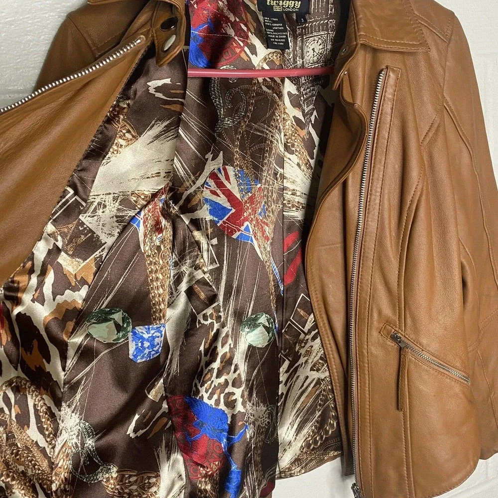 Twiggy of London Tan Leather Full Zip Moto Jacket Hipster Biker Punk Rock Small - Picture 5 of 12
